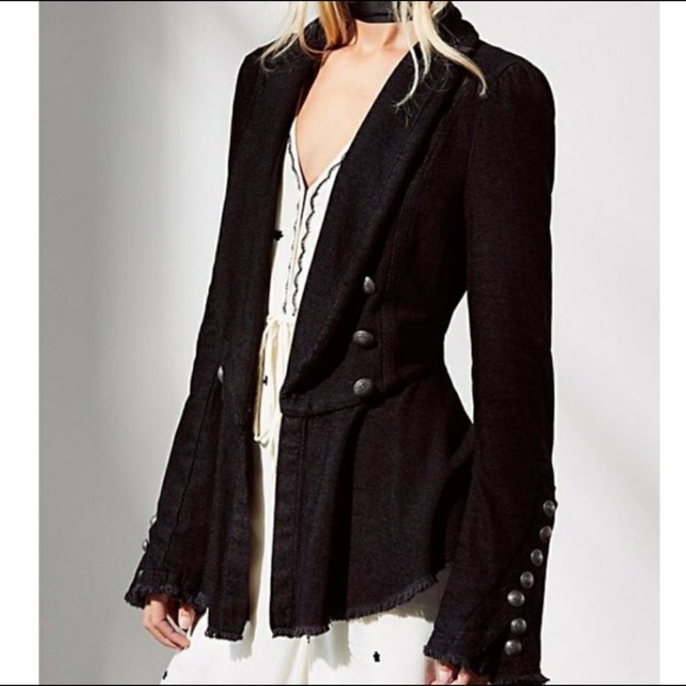 Free People Black Military Vintage Bell Sleeve Cotton Blazer